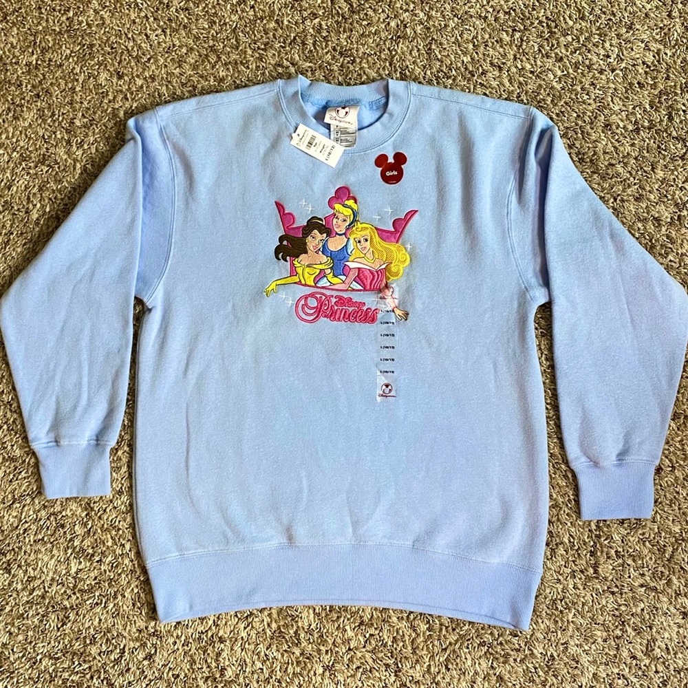DISNEY Princess sweatshirt pullover crewneck blue Belle Cinderella Aurora NWT